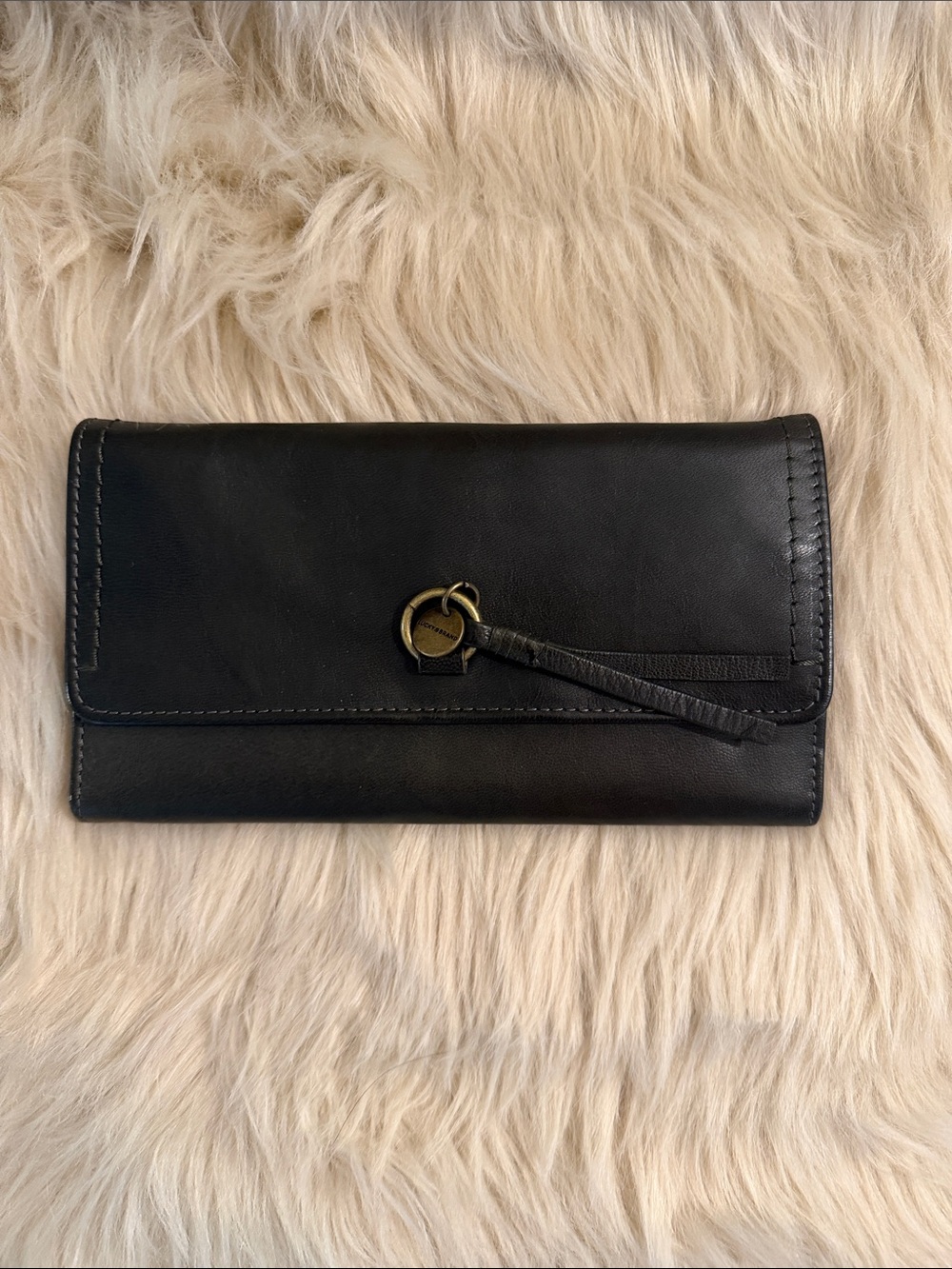Lucky Brand Black Leather Clutch Wallet with Brass Ring